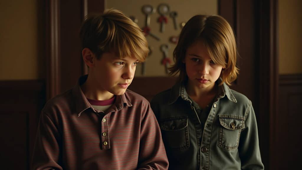 Irmãos Locke explorando mansão com chaves mágicas em Locke & Key.