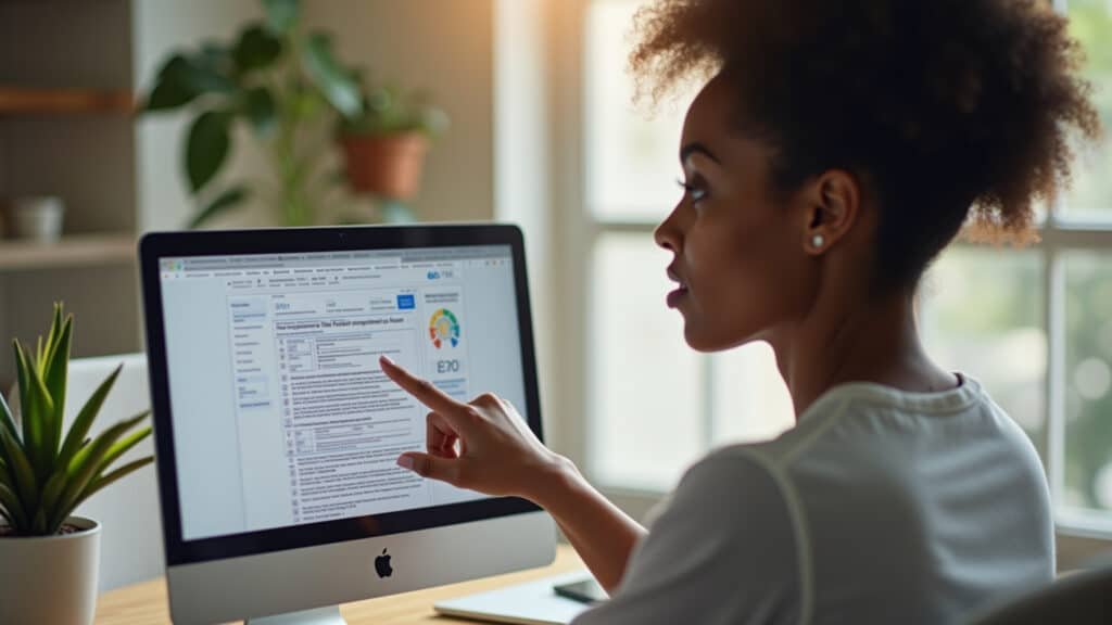 8K quality, sharp focus, professional photography, diverse woman using pre-filled income tax form Mulher usando declaração pré-preenchida do Imposto de Renda no computador.