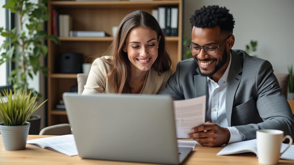 8K, sharp focus, professional photography, diverse couple reviewing income statements of Casal revisando rendimentos de dependentes para declarar corretamente no IR.
