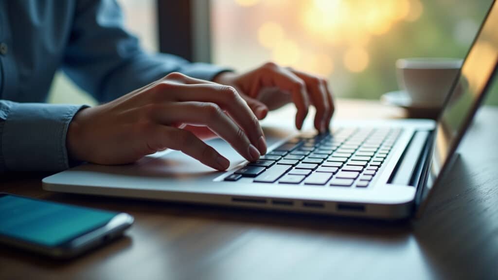 8K, sharp focus, professional photography, hands typing bank details on a computer, checking for Mãos digitando dados bancários para evitar erros na restituição do IR.