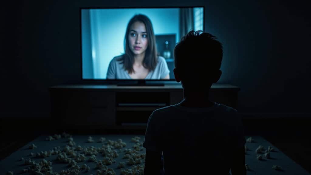 A dimly lit room, silhouette of a person glued to a TV screen, popcorn scattered, suspenseful scene Pessoa assistindo filme de suspense na Netflix em ambiente escuro.