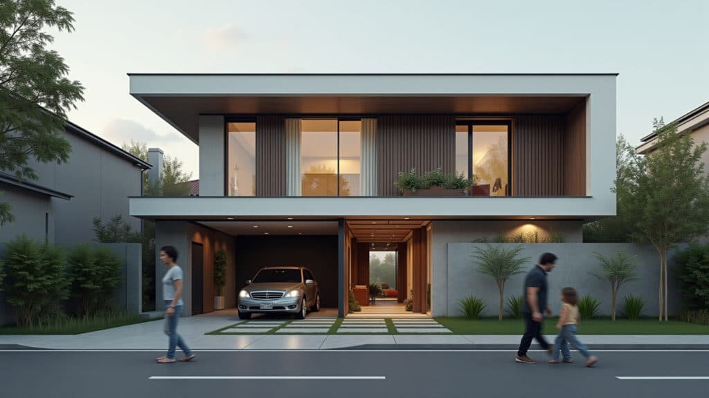 A modern, minimalist house, with a hidden basement entrance, contrasting with a poor family looking Família pobre olhando para casa rica em Parasita.