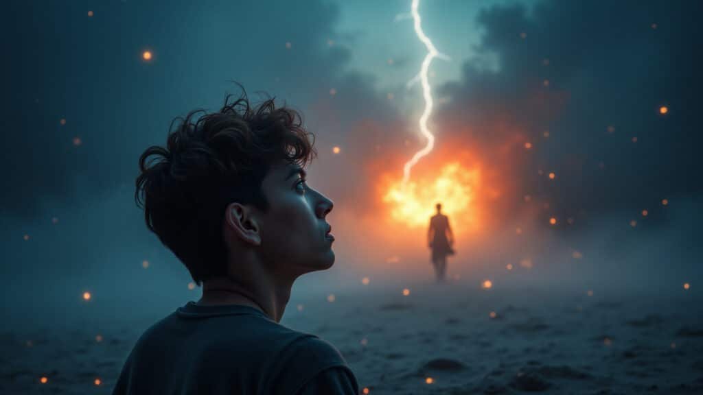 A person having a vivid dream, seeing a future event unfold before their eyes. Dreamlike, surreal Pessoa tendo sonho vívido com evento futuro.