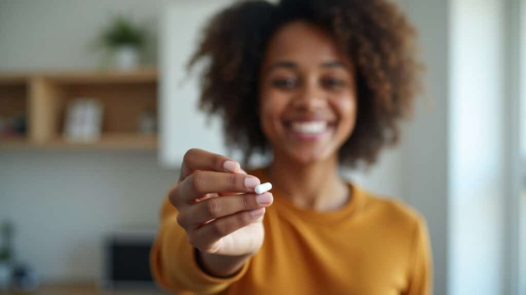A person receiving a sugar pill with a hopeful expression. Focus on the connection between mind and Pessoa recebendo pílula de açúcar com expressão esperançosa.