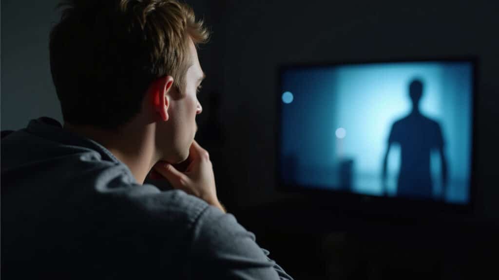 Pessoa assistindo cena de suspense na TV com atenção.