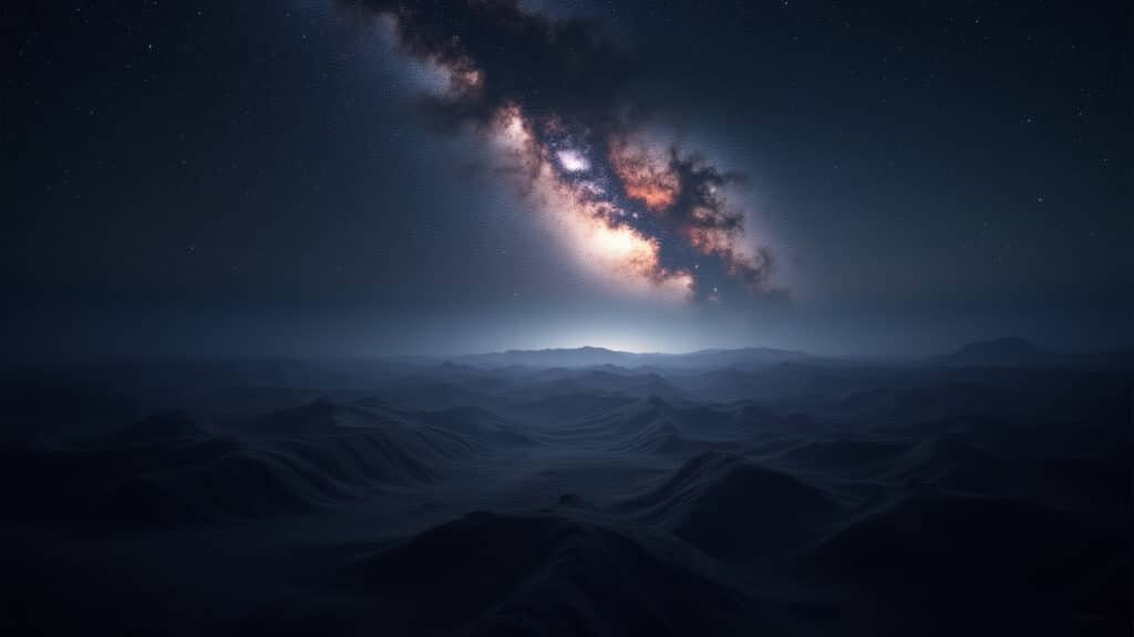 A vast, dark landscape with faint, swirling galaxies, representing the missing dark matter. 8K Paisagem escura com galáxias representando a matéria escura perdida.