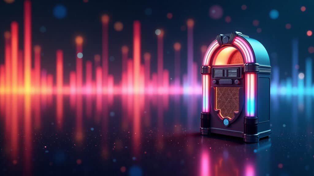 AI generating music on Jukebox, sound waves, colorful abstract, 8K, sharp focus, commercial IA criando músicas e sons personalizados.
