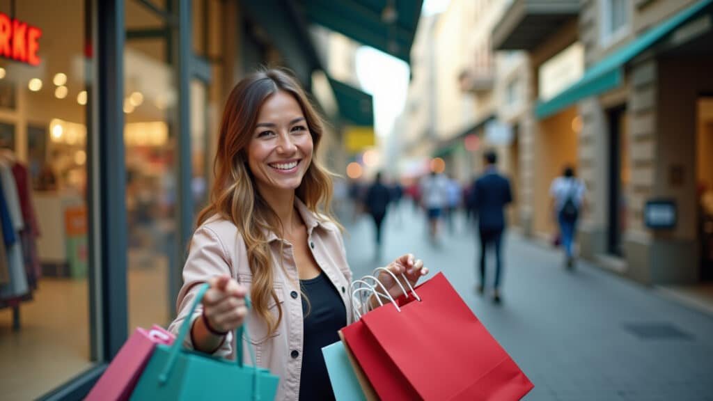 Avoiding new debt, woman resisting impulse buy at store, disciplined shopping, Brazilian shopping Mulher evitando novas dívidas em loja.