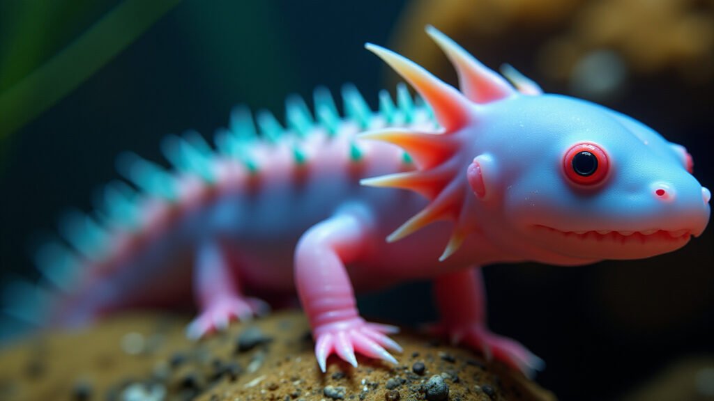 Axolotl regenerating spinal cord, 8K, vibrant colors, natural lighting, hyper-realistic, close-up, Axolote regenerando medula espinhal.
