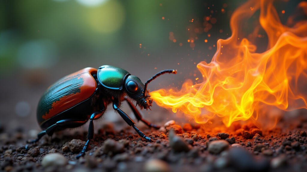 Bombardier beetle chemical explosion, 8K, macro shot, vibrant colors, natural lighting, Explosão química do besouro-bombardeiro.
