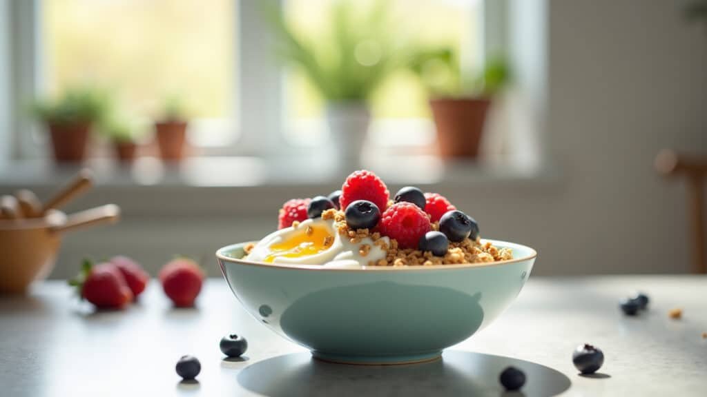 Iogurte natural com frutas e granola, fortalecendo a flora intestinal.