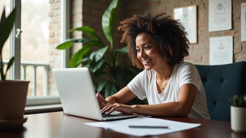 Brazilian woman analyzing Tesouro Direto options on laptop, cozy home office, financial planning, Mulher analisa opções do Tesouro Direto no laptop.