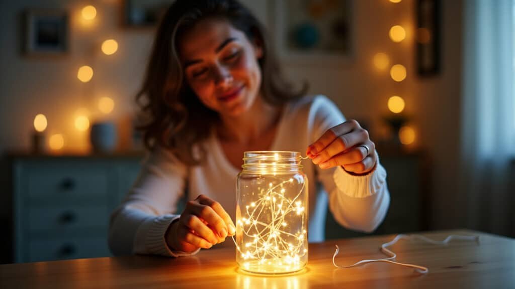 Brazilian woman creating DIY lamp, glass jar, string lights, cozy room, natural light, lifestyle Mulher brasileira criando luminária DIY com pote de vidro e pisca-pisca.
