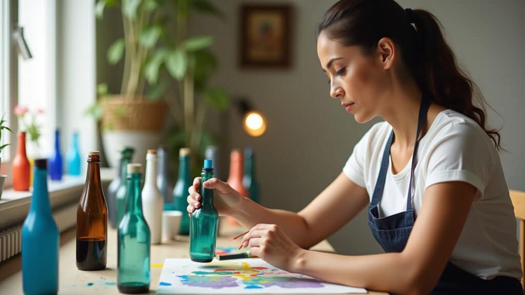Brazilian woman painting glass bottles, DIY vases, colorful decor, natural light, lifestyle Mulher brasileira pintando garrafas de vidro para criar vasos decorativos DIY.