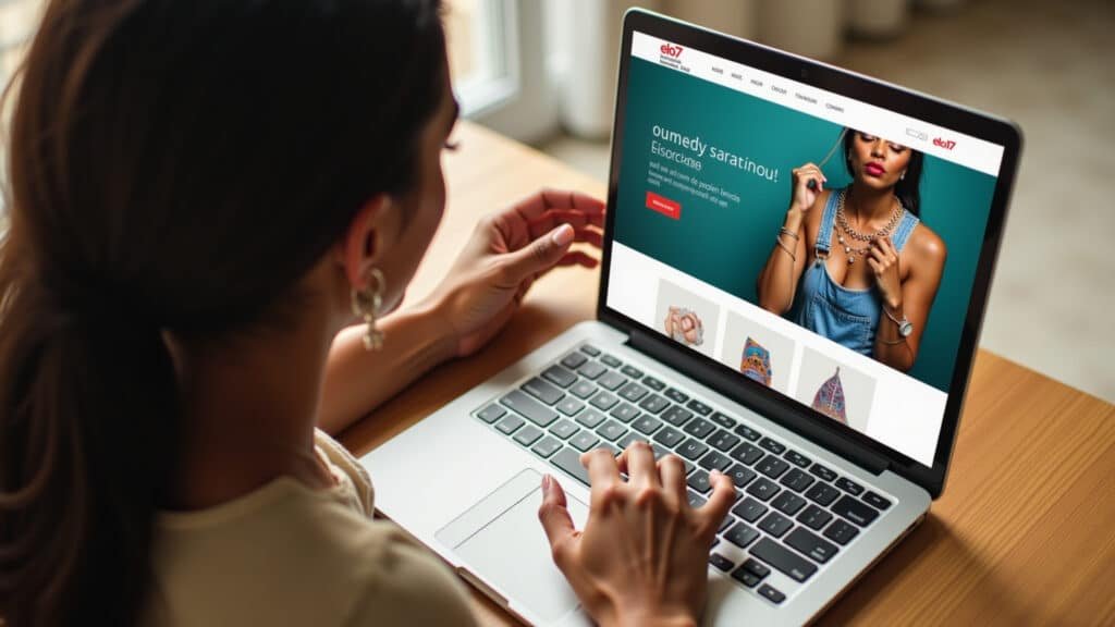 Brazilian woman selling handmade jewelry online, vibrant colors, Elo7 store interface, laptop, Mulher vendendo bijuterias artesanais online.