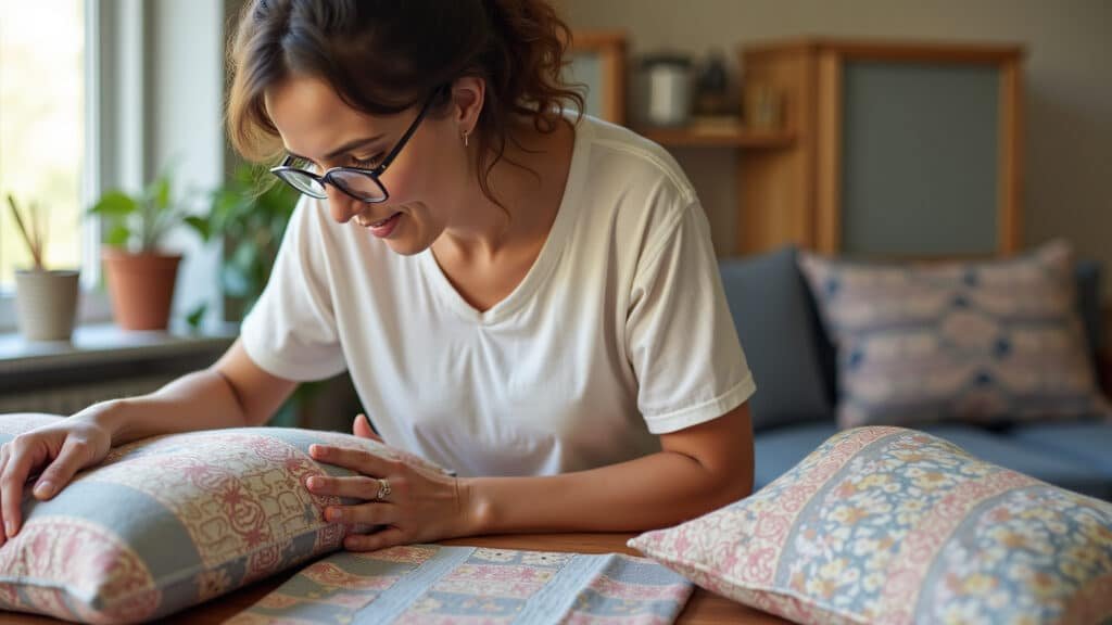 Brazilian woman sewing decorative pillows, DIY project, patterned fabrics, natural light, lifestyle Mulher brasileira costurando almofadas decorativas, projeto DIY.