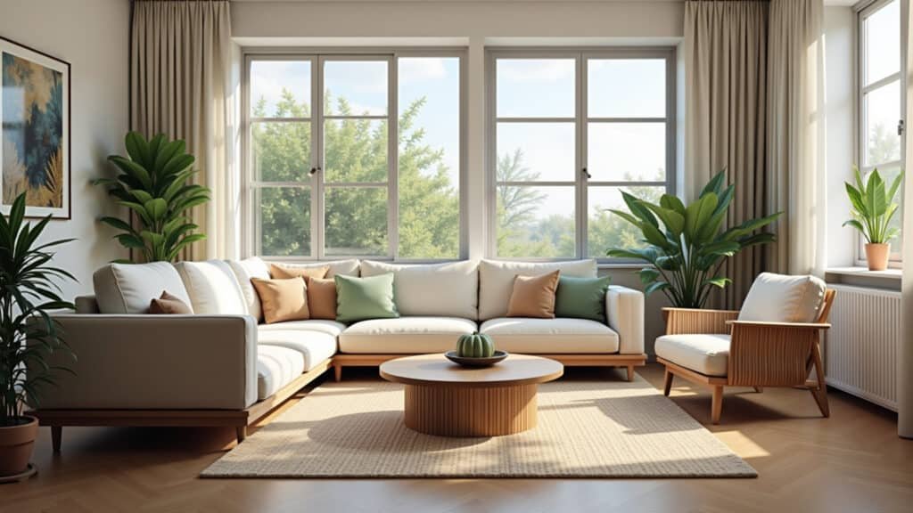 Bright living room, modern sofa, Brazilian design, natural light, plants, lifestyle photography, 8K Sala de estar iluminada com sofá moderno de design brasileiro.