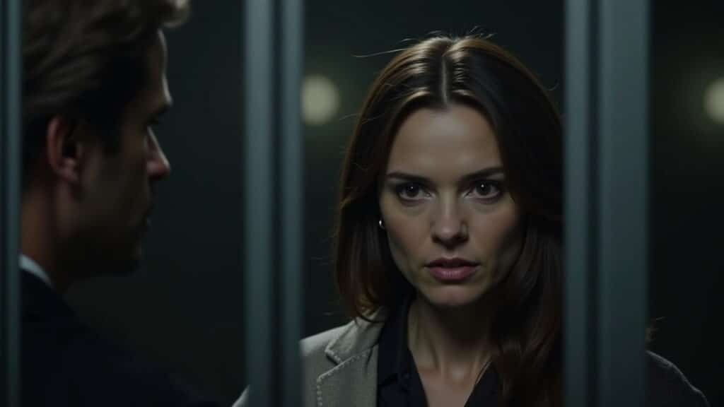 Clarice Starling talking to Hannibal Lecter behind glass, intense eye contact, dark prison setting. Clarice Starling e Hannibal Lecter em O Silêncio dos Inocentes.