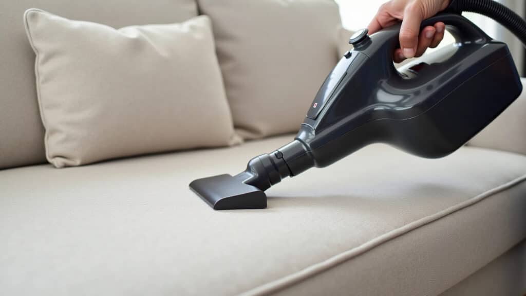 Cleaning sofa, vacuum cleaner, maintenance, fabric care, Brazilian home, 8K, sharp focus. Aspirando o sofá para manutenção e limpeza.