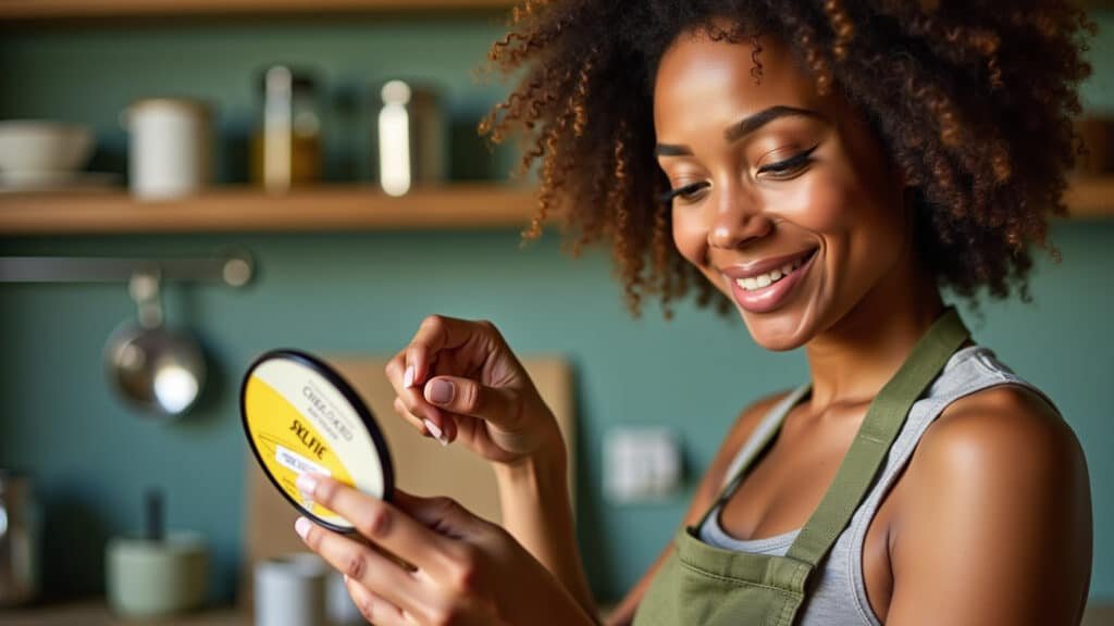 Close-up of a diverse woman in a vibrant Brazilian kitchen, examining a food label with a Mulher lendo rótulo de alimento com lupa em cozinha colorida.