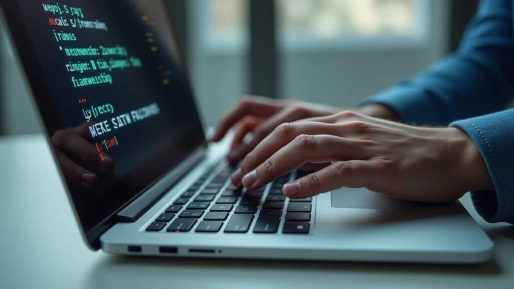 Mãos digitando senha complexa em laptop.