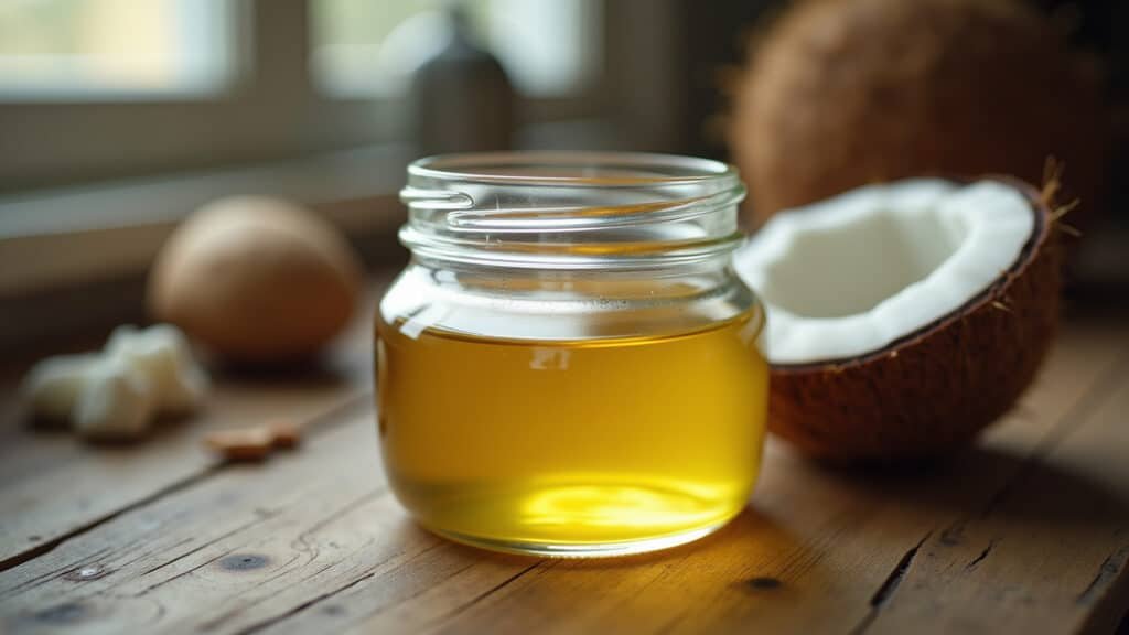 Óleo de coco em pote de vidro, um aliado na luta contra doenças.
