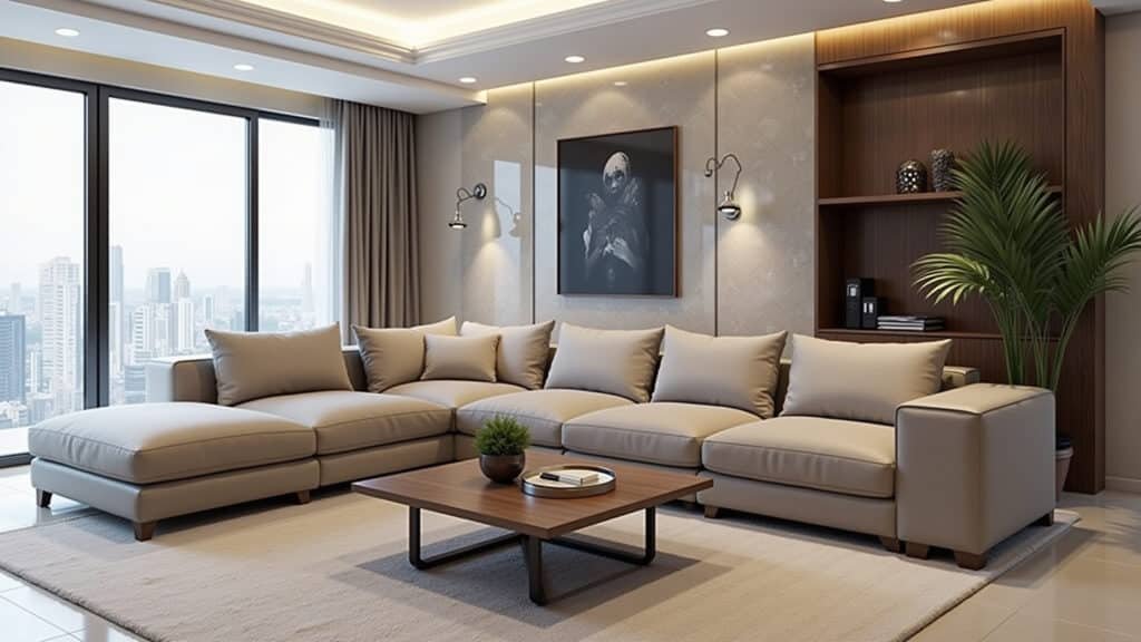 Corner sofa, living room layout, space optimization, Brazilian design, 8K, professional photo. Sofá de canto otimizando o espaço da sala.