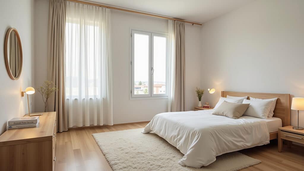 Quarto branco aconchegante com toques de bege e madeira.