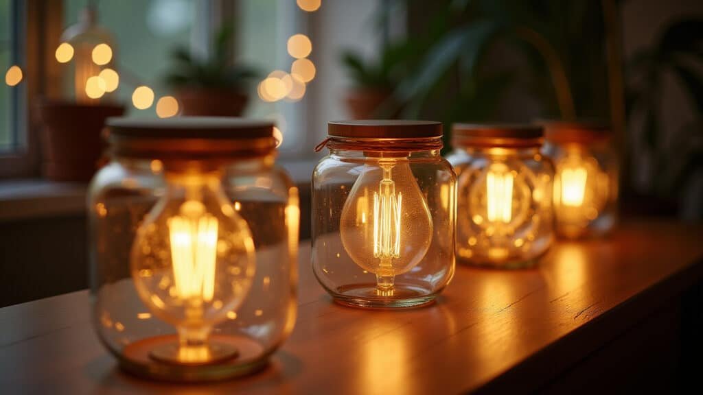 Creative DIY lamps, glass jars, string lights, Brazilian room, natural light, lifestyle Luminárias criativas DIY feitas com potes de vidro e pisca-pisca.
