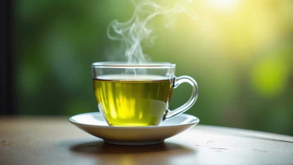 Xícara de chá verde fumegante, proteção contra vírus e bactérias.