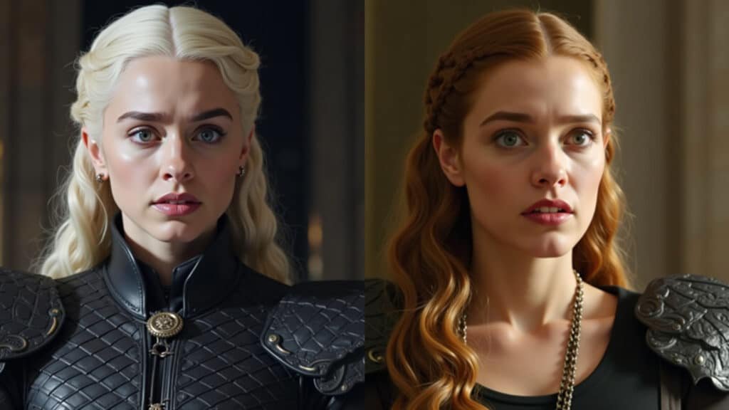 Daenerys Targaryen, before and after, book vs series, shocked expression, professional photography, Daenerys Targaryen: antes e depois da série Game of Thrones.