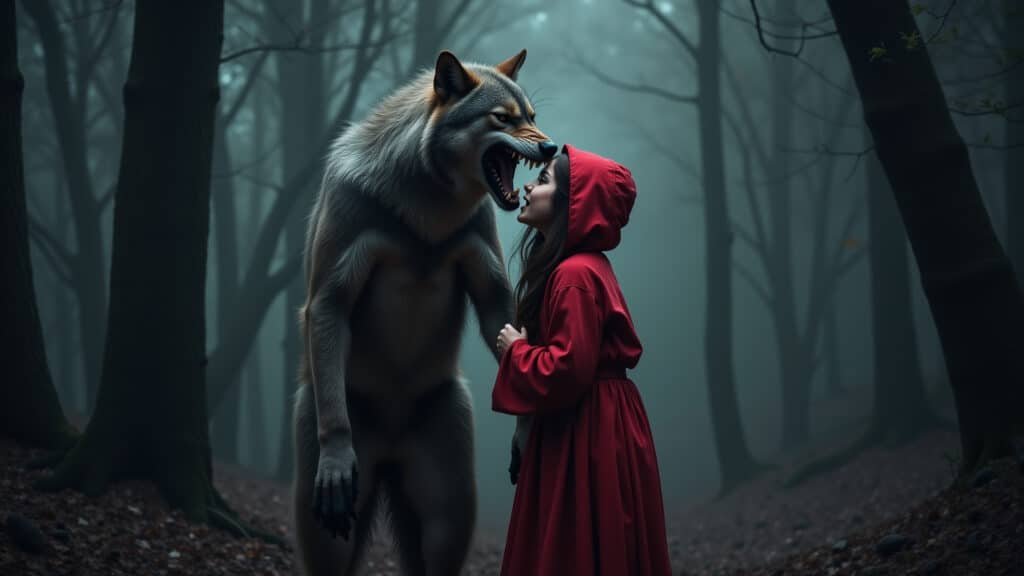 Ilustração sombria da Chapeuzinho Vermelho original com o lobo devorando a avó.