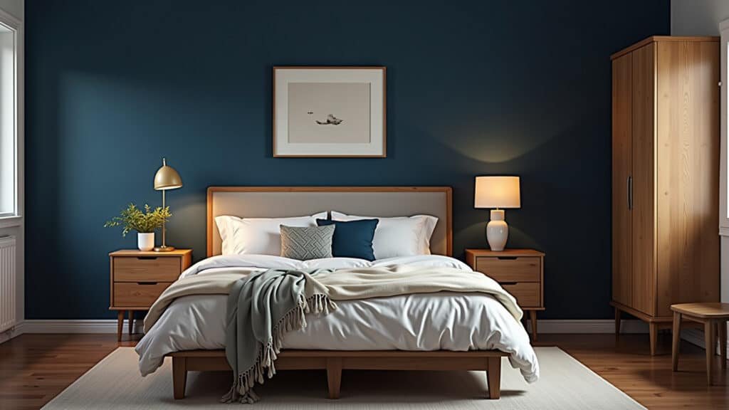 Quarto azul profundo com decoração aconchegante.