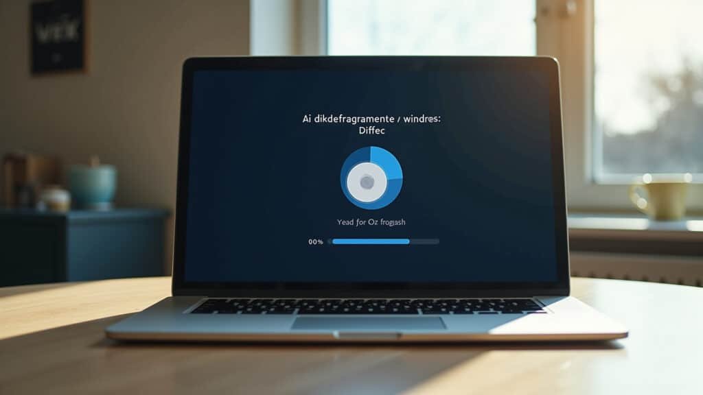 Disk defragmenter window on laptop, progress bar, natural light, 8k, professional photography, Desfragmentando o HD de um notebook.