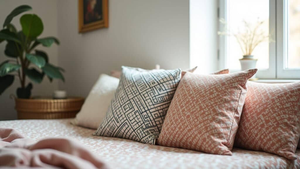 DIY decorative pillows, patterned fabrics, Brazilian room, natural light, lifestyle photography, 8K Almofadas decorativas personalizadas com tecidos estampados.