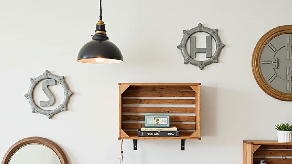 DIY industrial style, PVC pipe lamps, wooden crate shelves, metal framed mirrors, metal letter art, Estilo industrial DIY: luminárias com canos de PVC e prateleiras com caixotes de madeira.