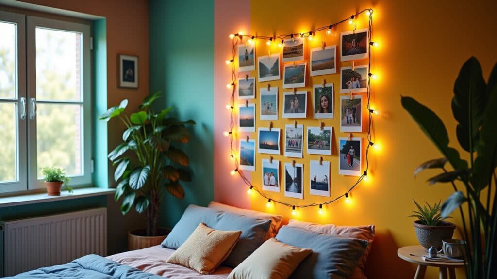 DIY photo wall decor, vibrant Brazilian room, polaroid prints, string lights, natural light, Painel de fotos DIY decorando parede do quarto com fotos e luzes.