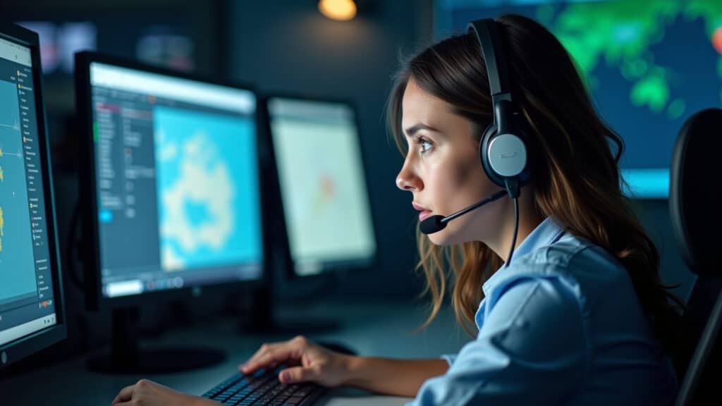 Emergency dispatcher intensely focused on her computer screen, headset on, worried expression, Atendente de emergência trabalhando em um thriller psicológico.