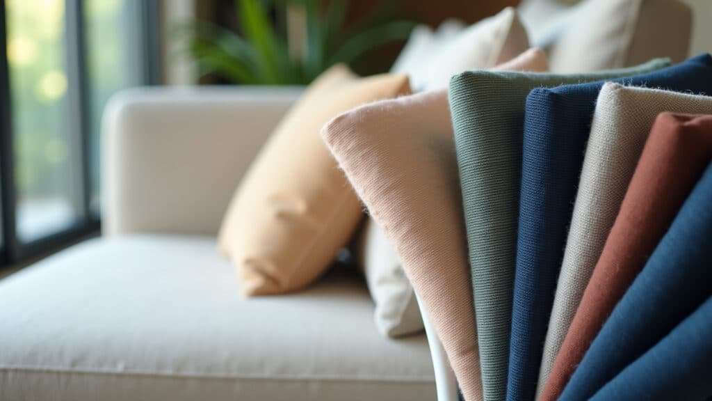 Fabric swatches, sofa upholstery, texture close-up, natural light, interior design, 8K, sharp focus. Amostras de tecidos para sofá: algodão, linho, couro e suede.