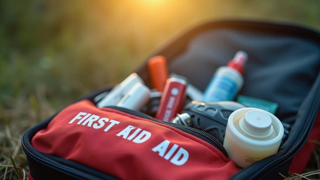 First aid kit for adventure travel, essential items, natural light, 8k, sharp focus, vibrant Kit de primeiros socorros para aventura.