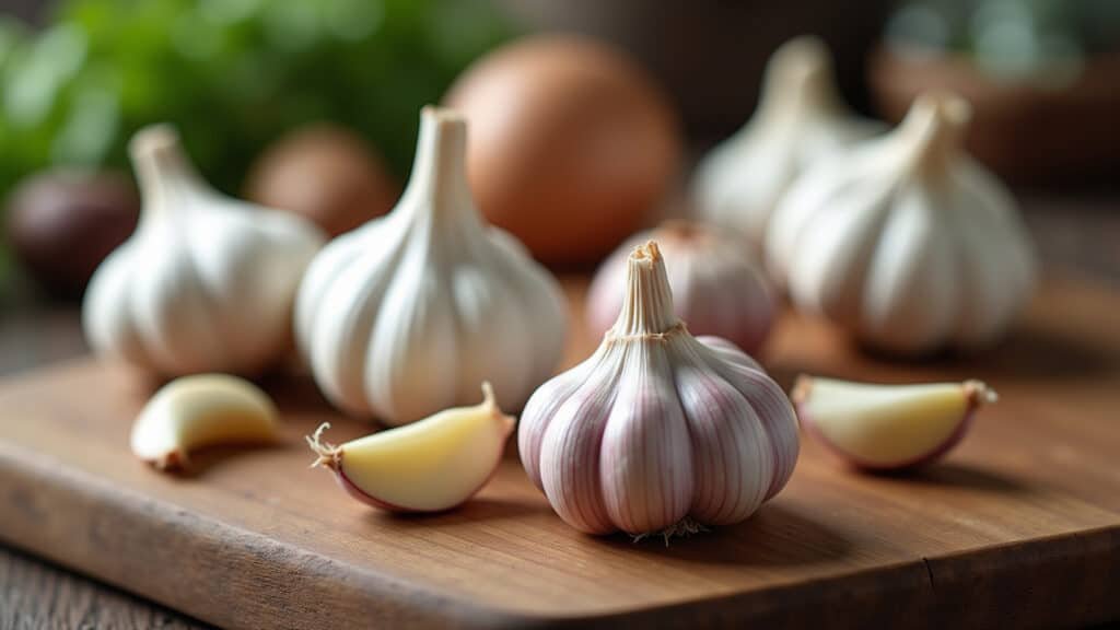 Alho fresco em tábua de madeira, um antibiótico natural para a imunidade.