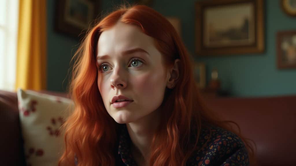 Ginny Weasley, book vs movie, disappointed fan reading, natural light, realistic, 8k, detailed Ginny Weasley: comparação livro vs filme, fã decepcionado.