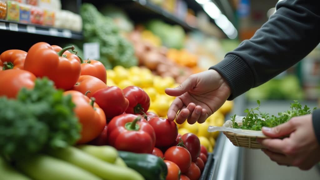 Hand selecting food with organic certification seal in a supermarket, eco-friendly choices, natural Mão escolhendo alimento com selo de certificação orgânica.