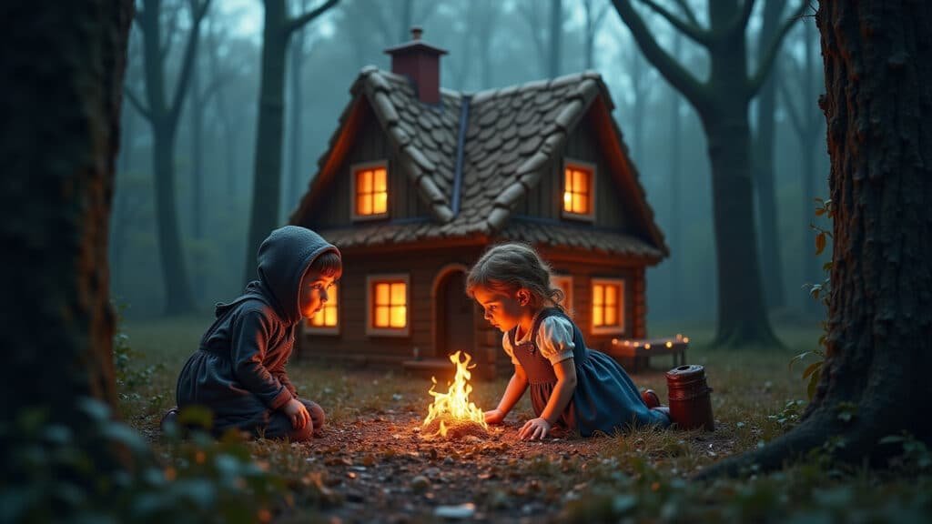 Bruxa engordando João e Maria na casa de doces.