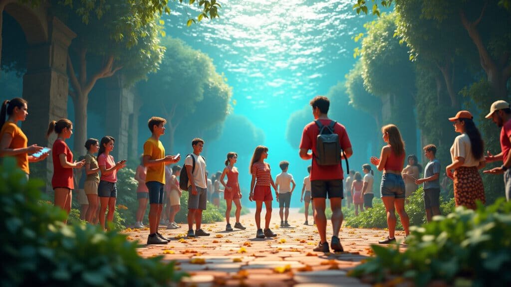 Immersive virtual world, diverse people interacting, vibrant Brazilian design elements, metaverse Pessoas interagindo em um ambiente virtual imersivo no metaverso.