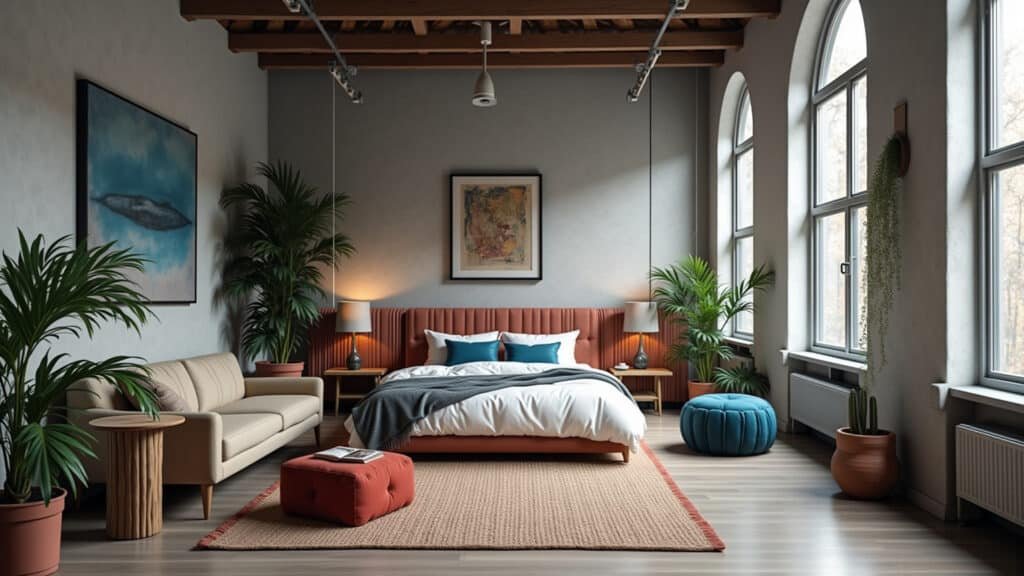 Industrial color palette, neutral tones, gray, white, black, brown, blue accents, green plants, red Cores para decoração industrial: paleta ideal com tons neutros e toques de cor.