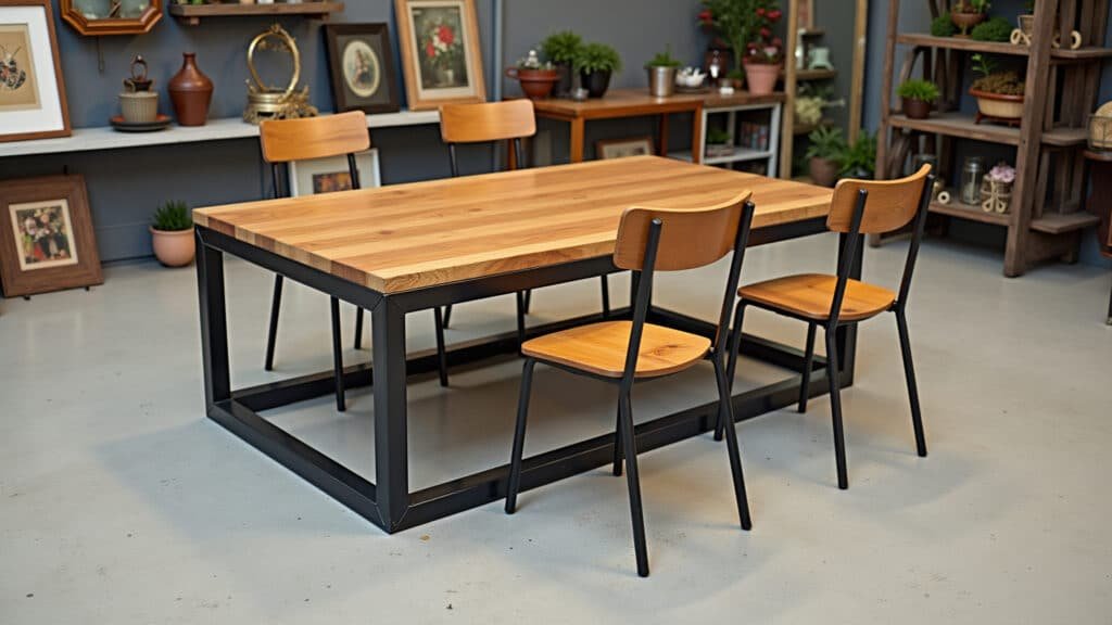 Industrial furniture, metal frame coffee table, wooden top, metal chairs, open shelves, urban art, Móveis e acessórios industriais: mesa de centro com estrutura de metal e tampo de madeira.