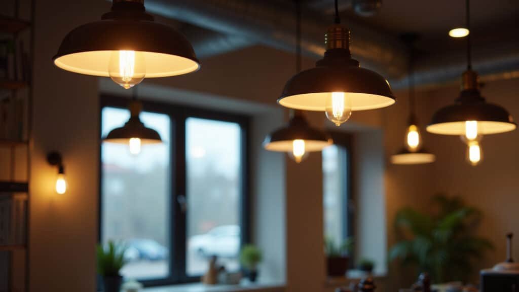 Industrial lighting, pendant lights, track lighting, floor lamps, filament bulbs, natural light, Iluminação no estilo industrial com luminárias pendentes e lâmpadas de filamento.