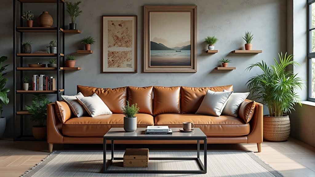 Industrial living room, leather sofa, metal coffee table, open shelves, urban art, plants, natural Sala de estar industrial com sofá de couro e decoração moderna.