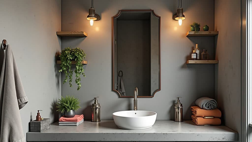 Industrial style bathroom, concrete walls, metal framed mirror, pendant lights, aged metal Banheiro estilo industrial com revestimento de cimento queimado e espelho com moldura de metal.